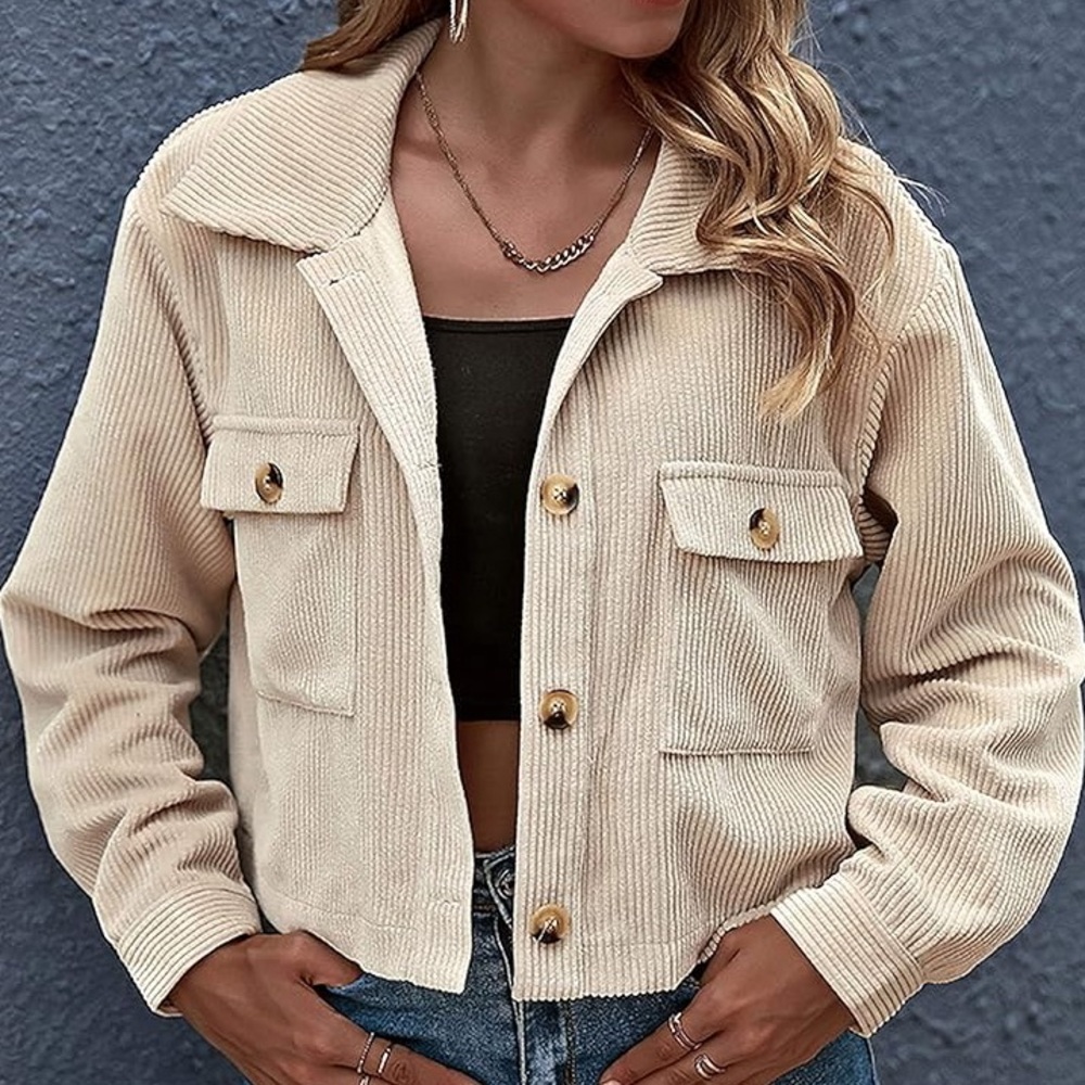 SHEIN Women’s Apricot Cropped Button Up Corduroy Jacket Size Medium